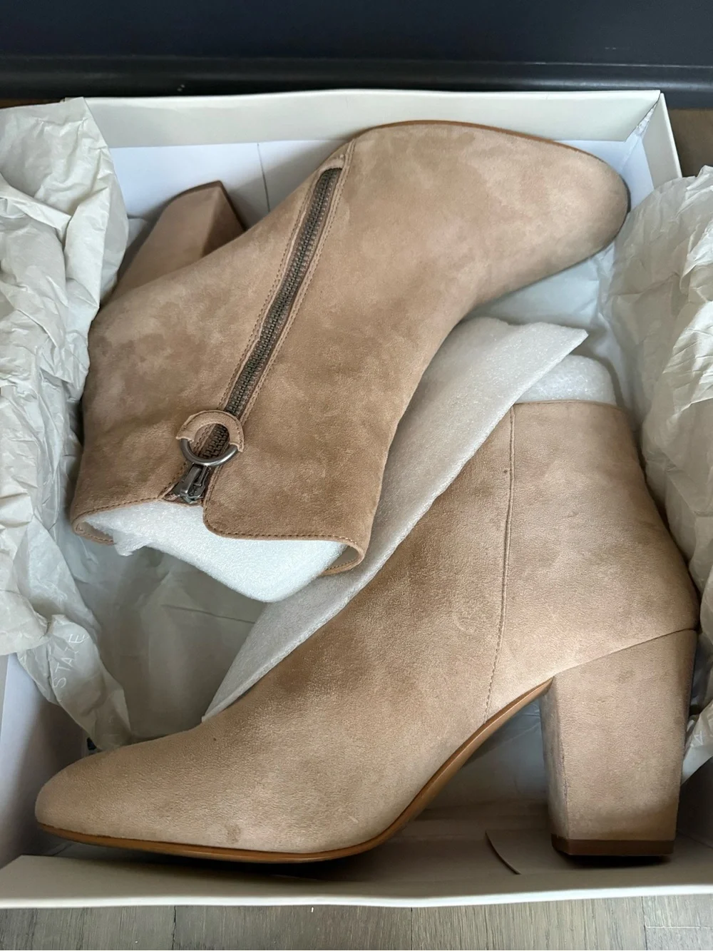 1. State Taupe Suede Ankle Boot with Ring Zip in Stone Size 11